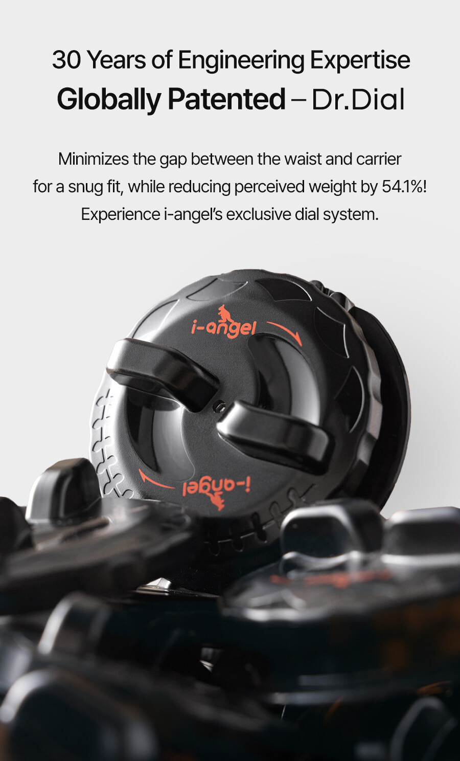 Black i-angel product with red branding on a white background, featuring text about engineering expertise and patented technology.