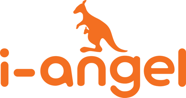 Orange 'i-angel' logo with a kangaroo silhouette on a white background